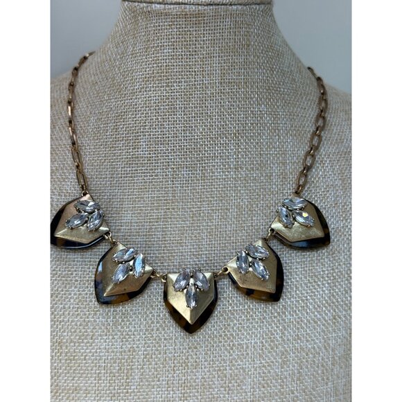J.Crew Statement Necklace Gold & Black Leaf Design W/ Clear Rhinestones Adjustab - Picture 7 of 7